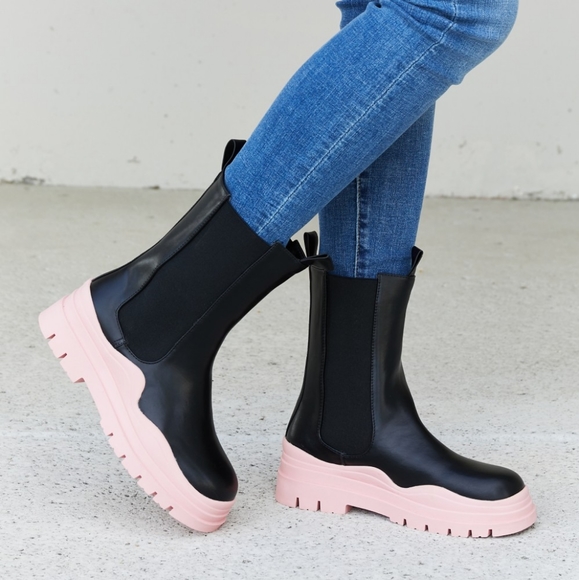 Two-Tone Faux Leather Booties in Pink - Picture 3 of 8